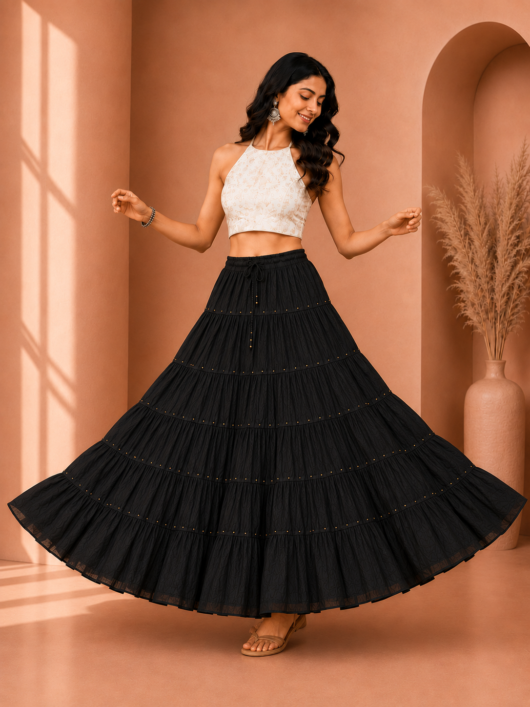 Black Cotton Gold Beads Skirt