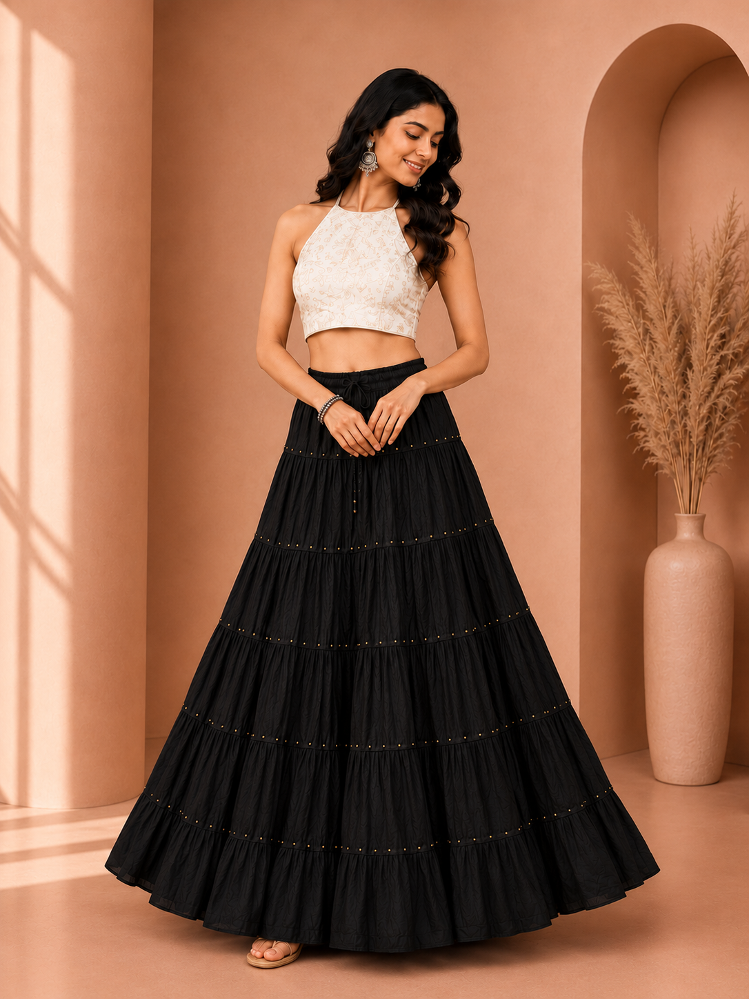 Black Cotton Gold Beads Skirt