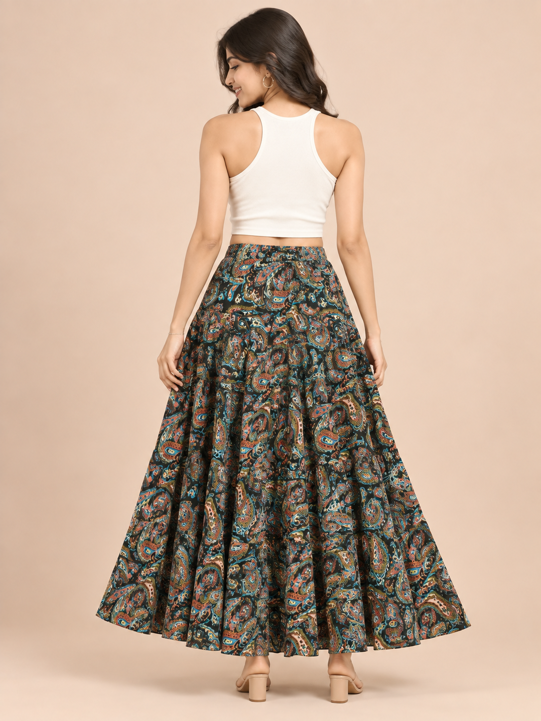 Black Kalamkari Print Cotton Skirt