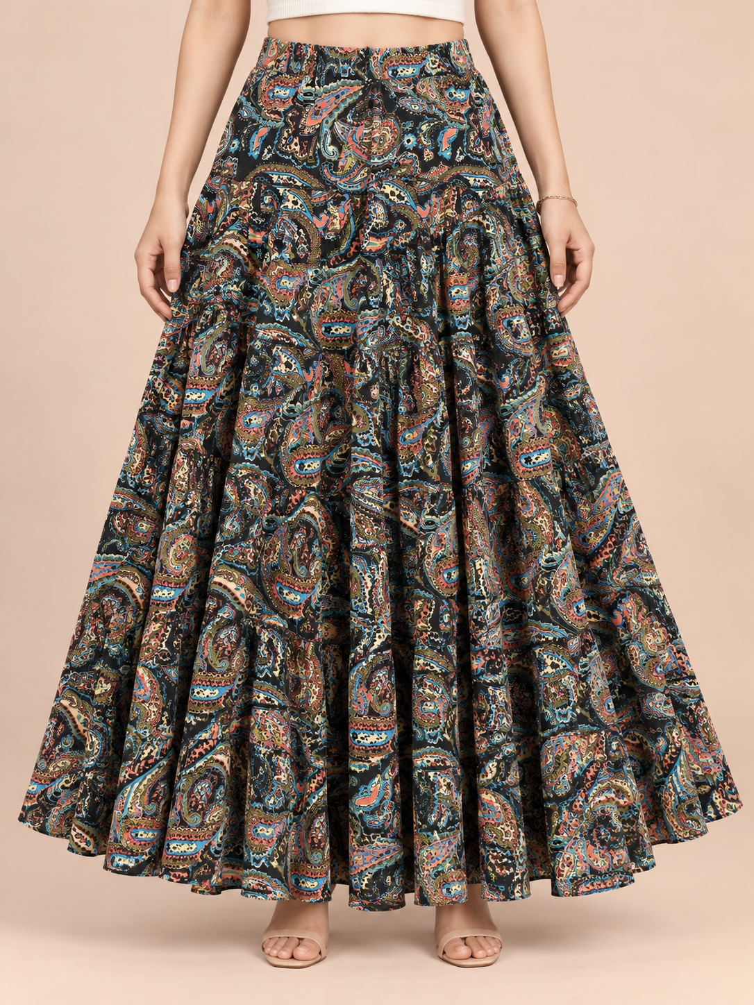 Black Kalamkari Print Cotton Skirt