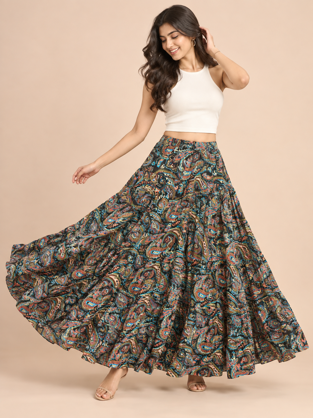Black Kalamkari Print Cotton Skirt