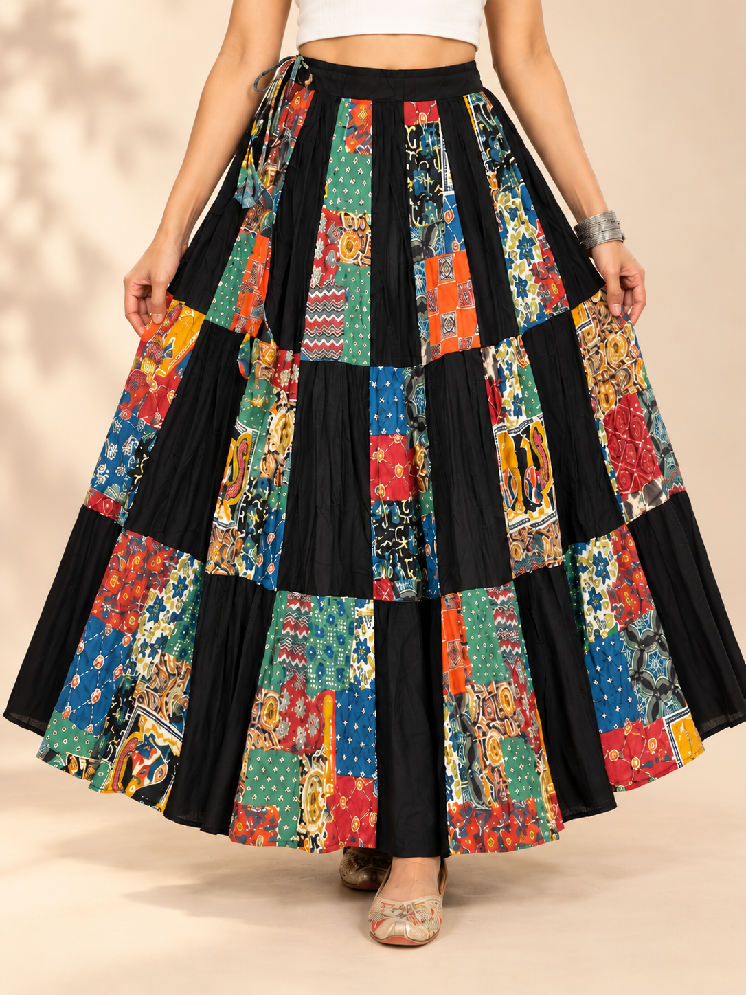 Black Cotton Patchwork Long Skirt