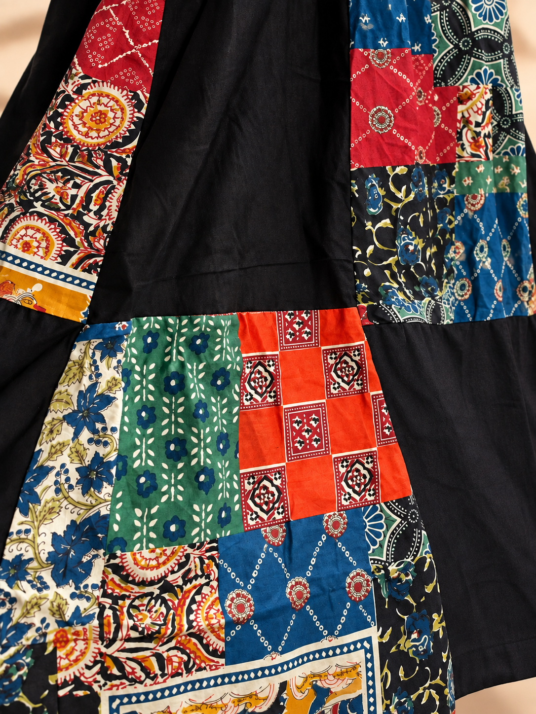 Black Cotton Patchwork Long Skirt