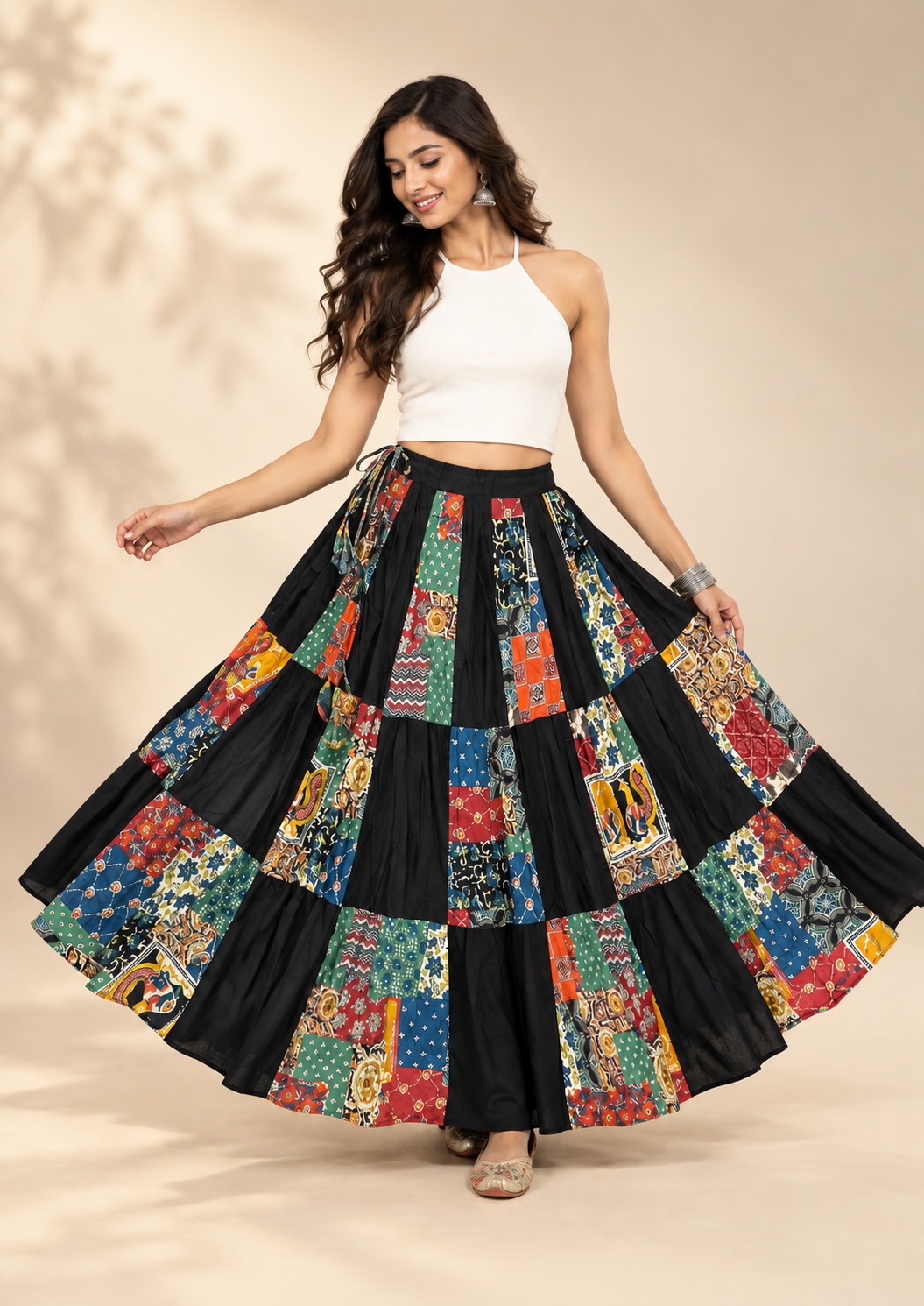 Black Cotton Patchwork Long Skirt