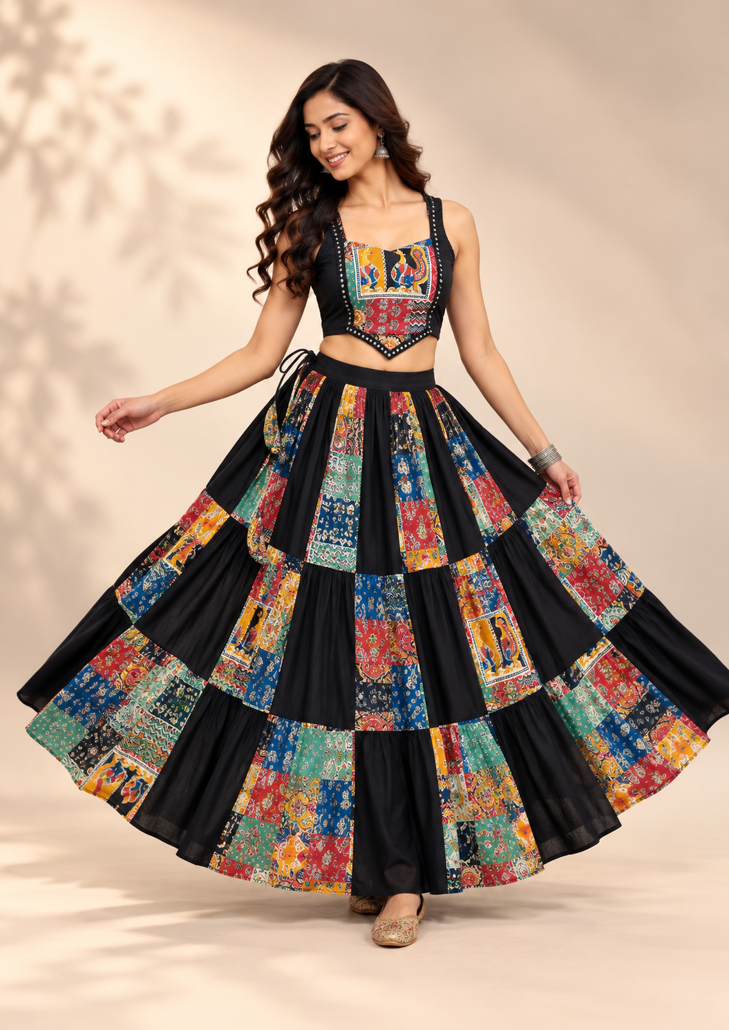 Black Cotton Patchwork Long Skirt