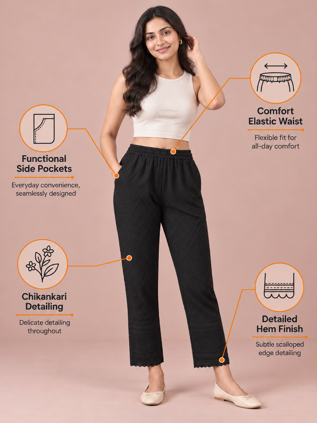 Black Rayon Chikan Pant