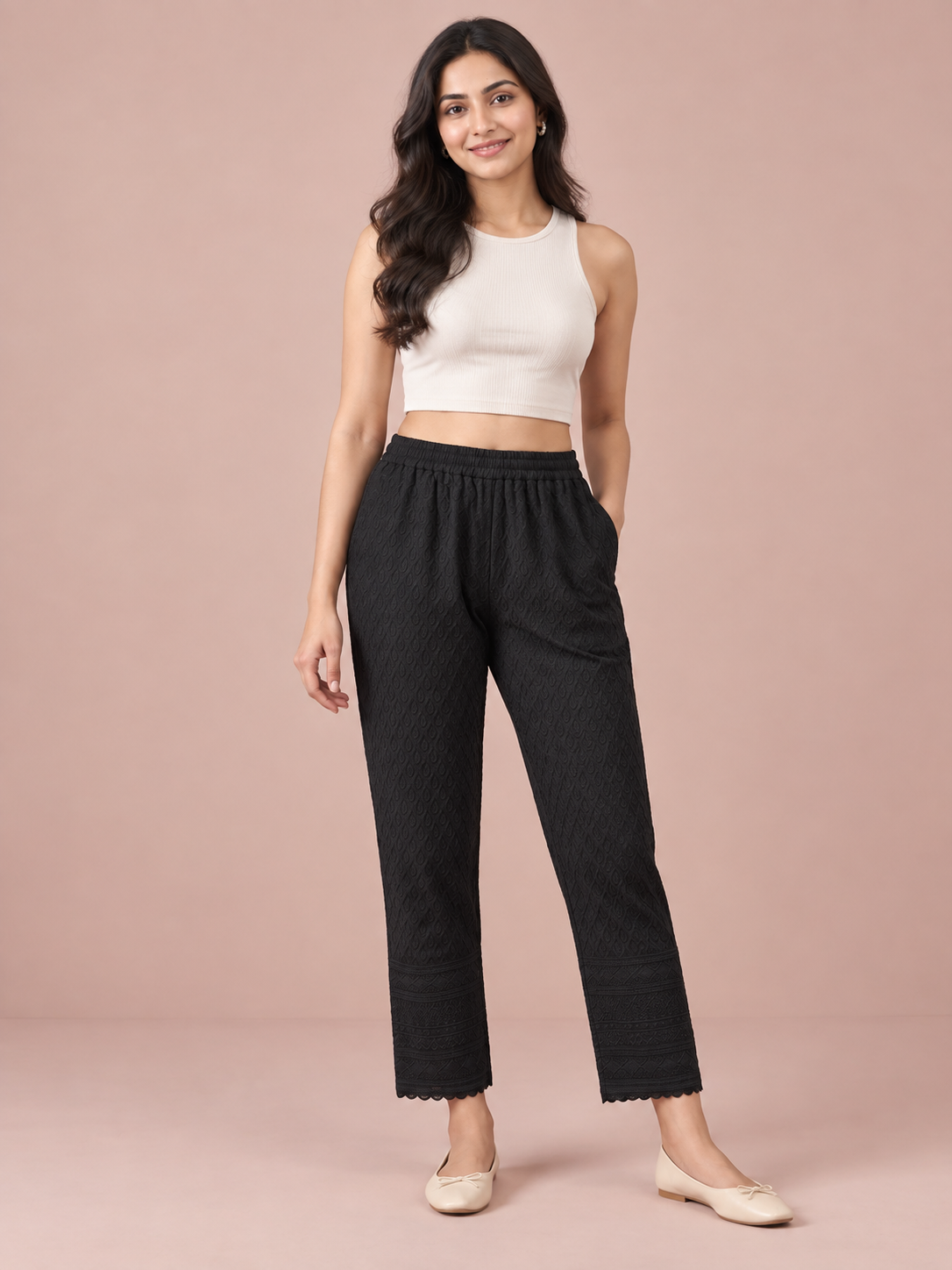 Black Rayon Chikan Pant