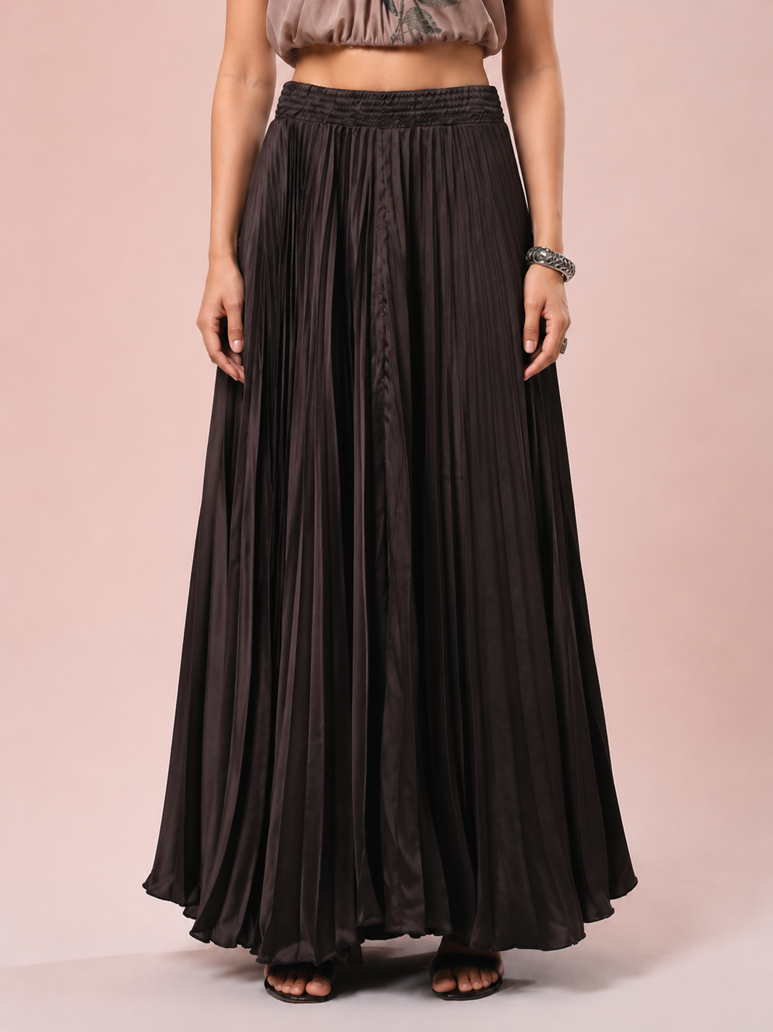 Black Satin Silk Small Pleated Skirt