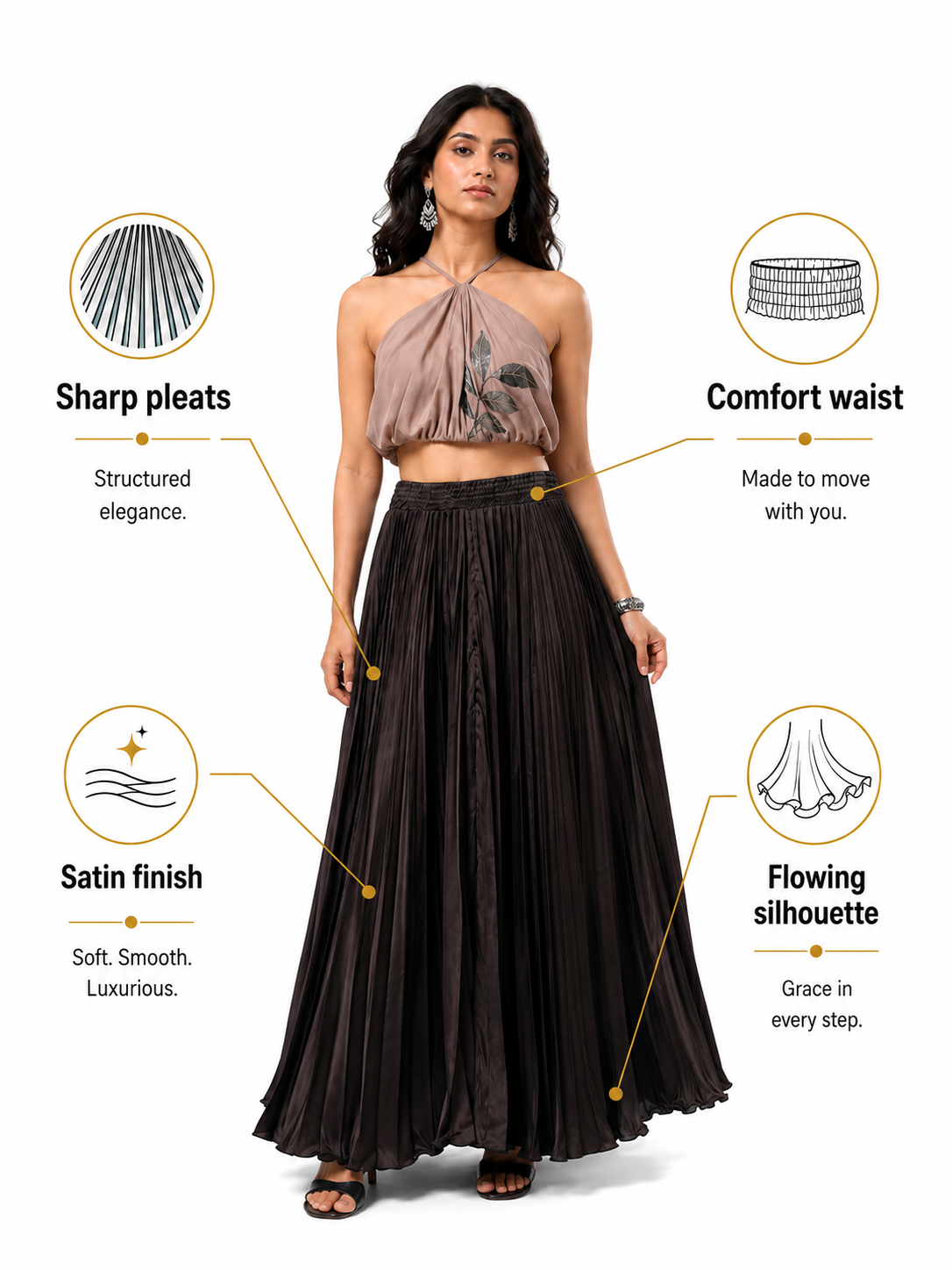 Black Satin Silk Small Pleated Skirt