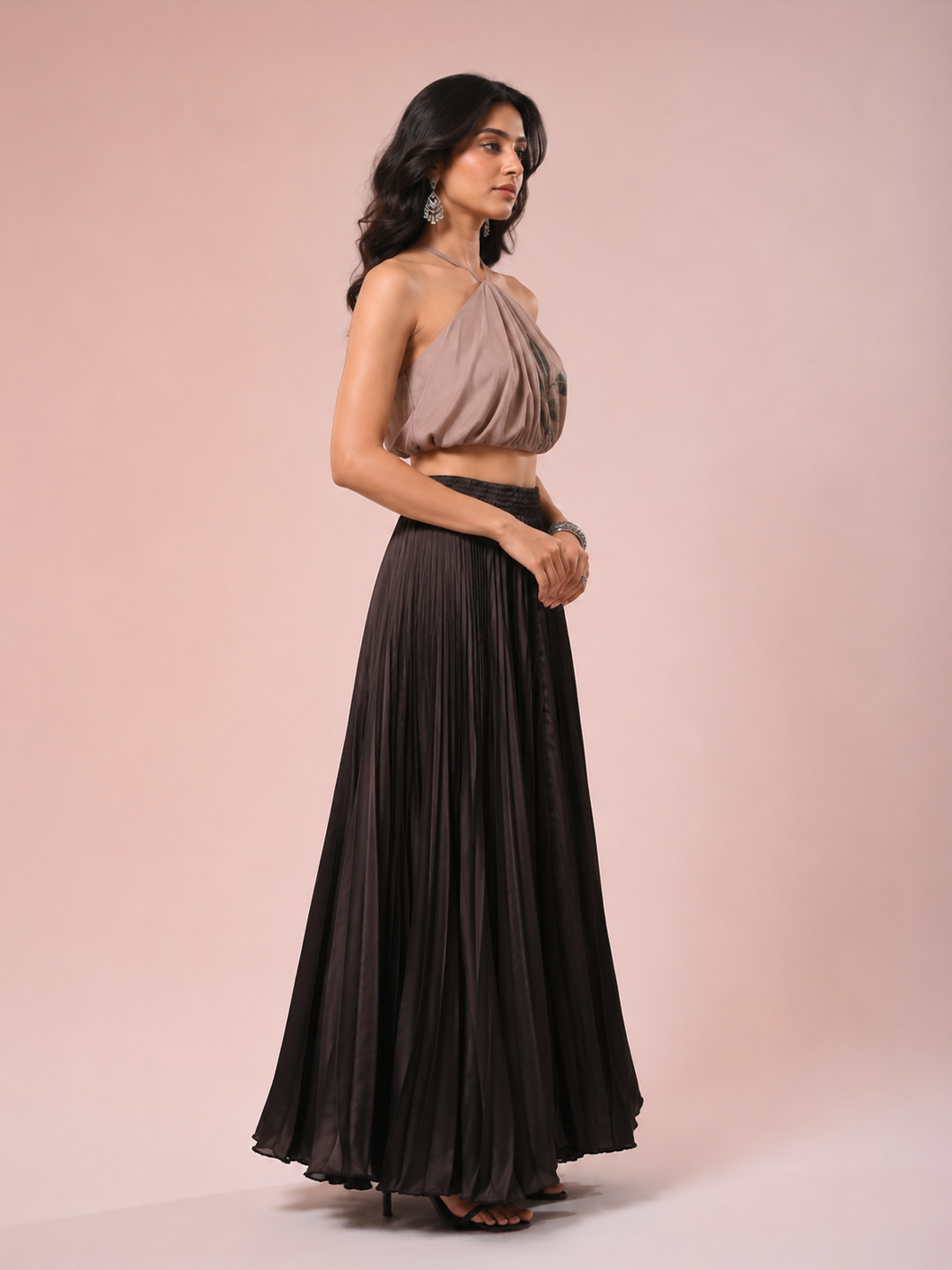 Black Satin Silk Small Pleated Skirt