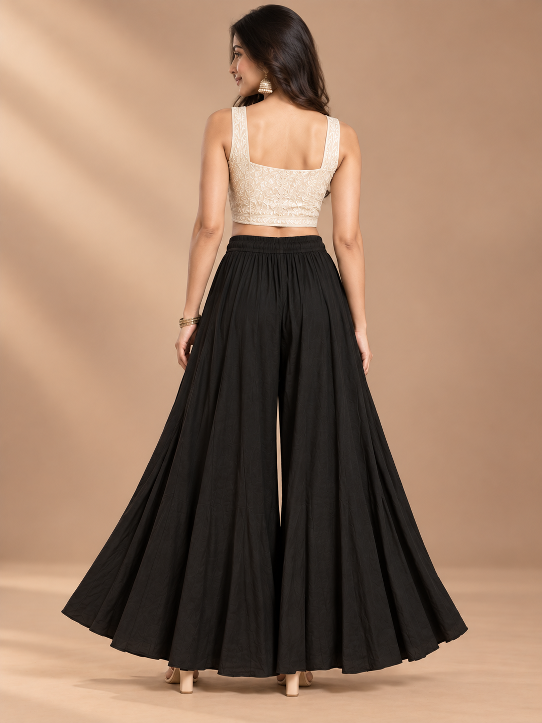 Black Rayon Wide Leg Flared Palazzo