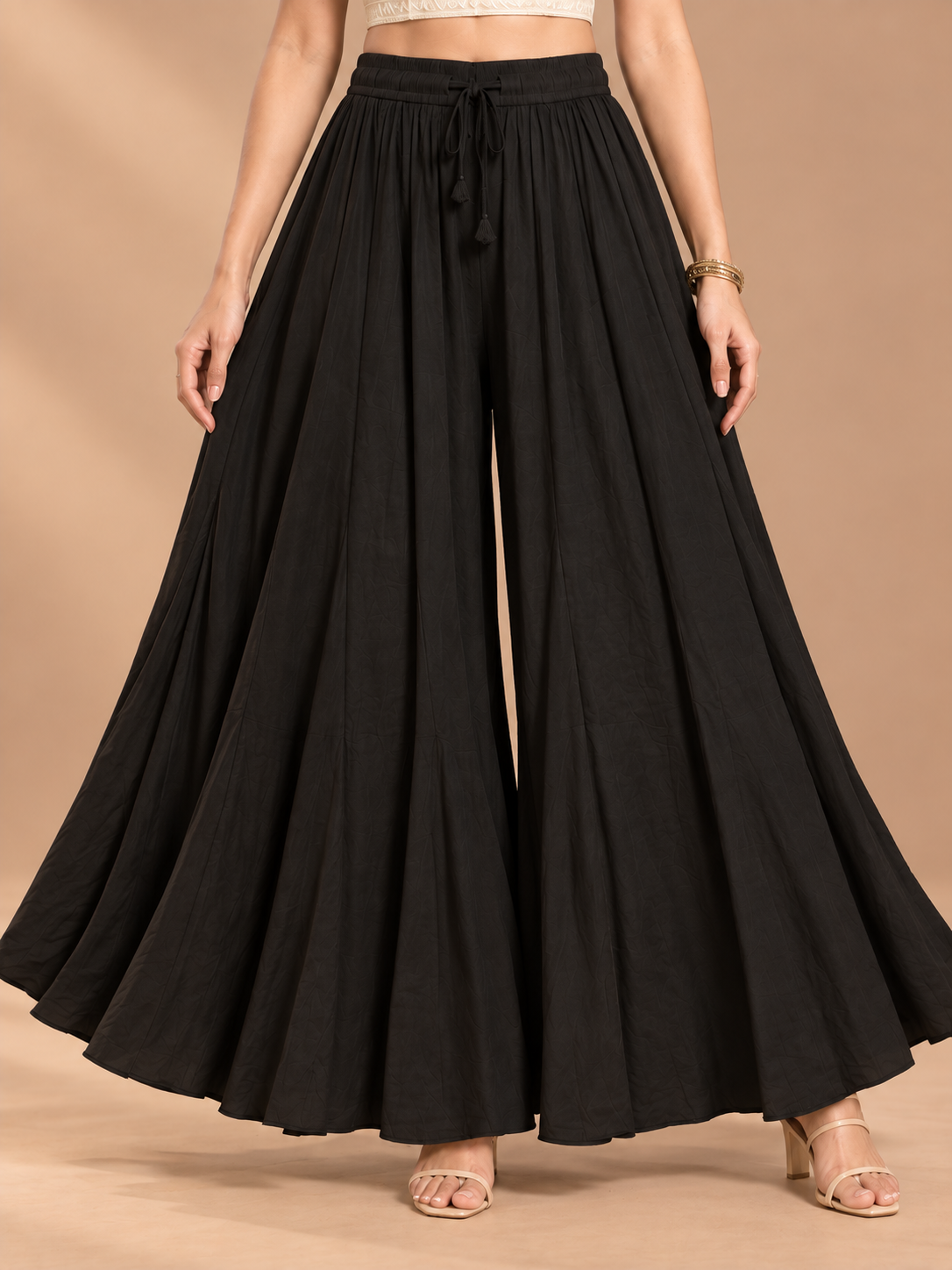 Black Rayon Wide Leg Flared Palazzo