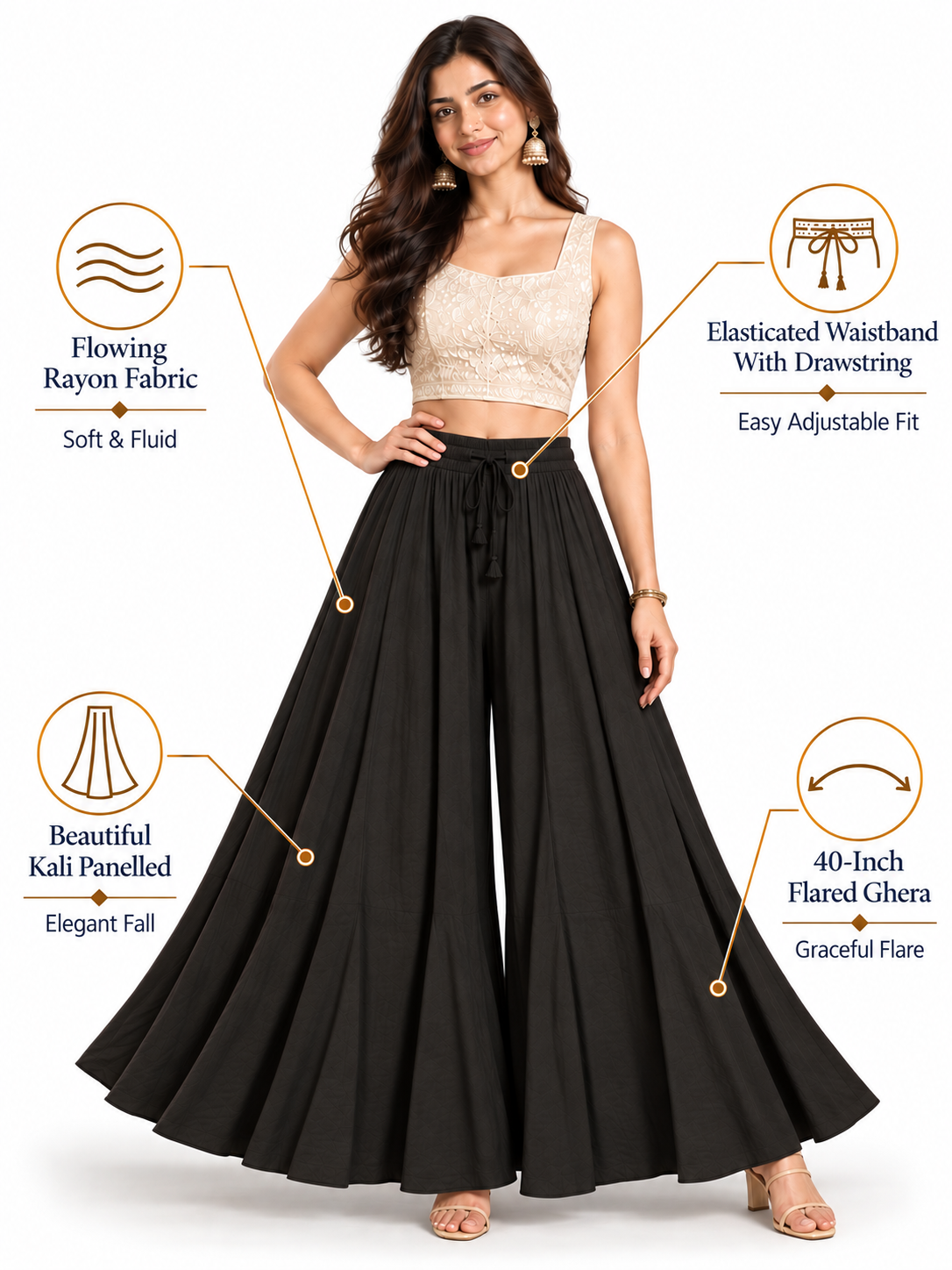 Black Rayon Wide Leg Flared Palazzo