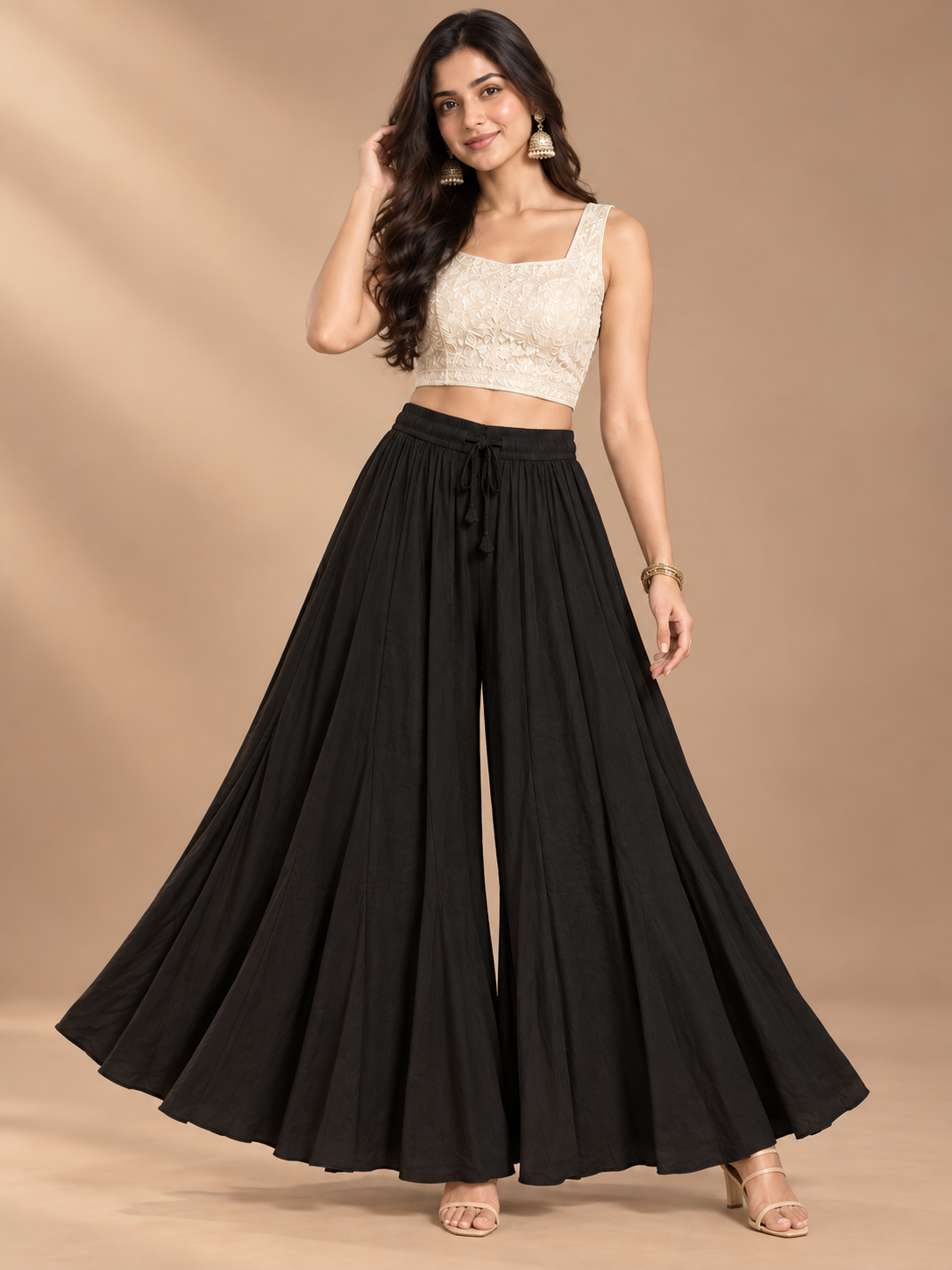 Black Rayon Wide Leg Flared Palazzo