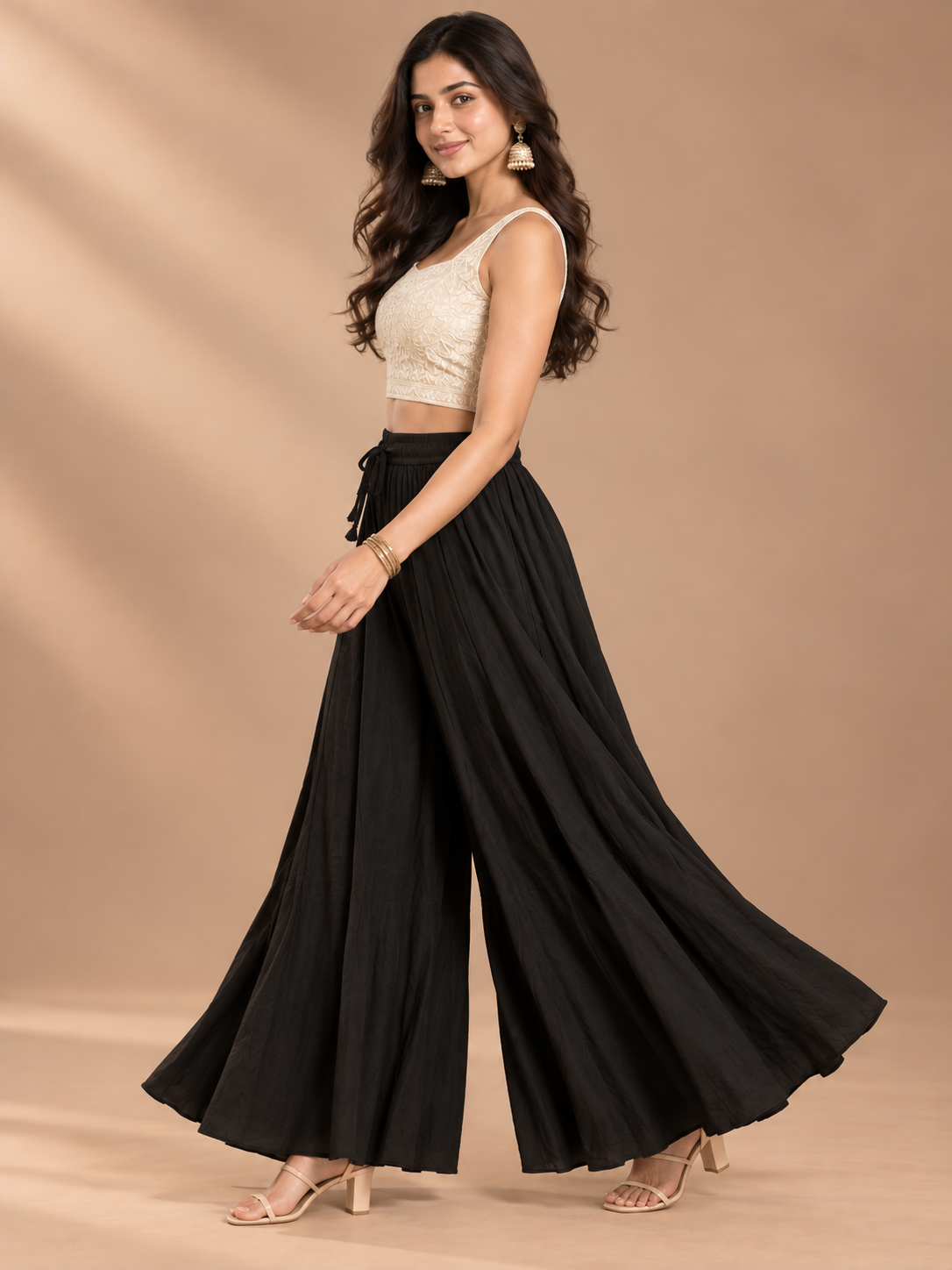 Black Rayon Wide Leg Flared Palazzo
