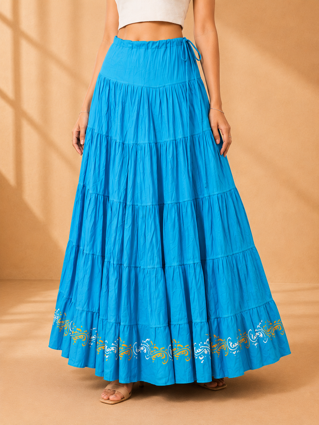 Blue Block Print 20Mtr Cotton Skirt