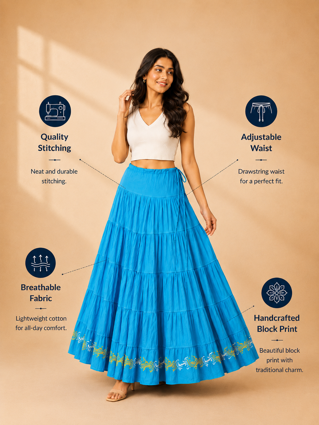 Blue Block Print 20Mtr Cotton Skirt