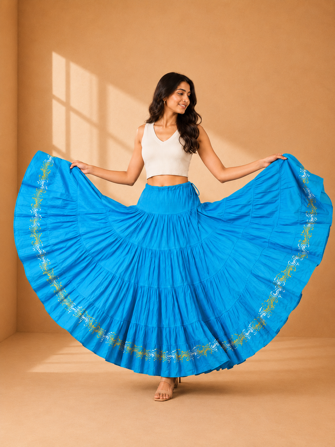 Blue Block Print 20Mtr Cotton Skirt