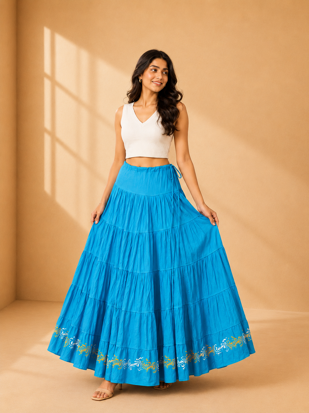 Blue Block Print 20Mtr Cotton Skirt