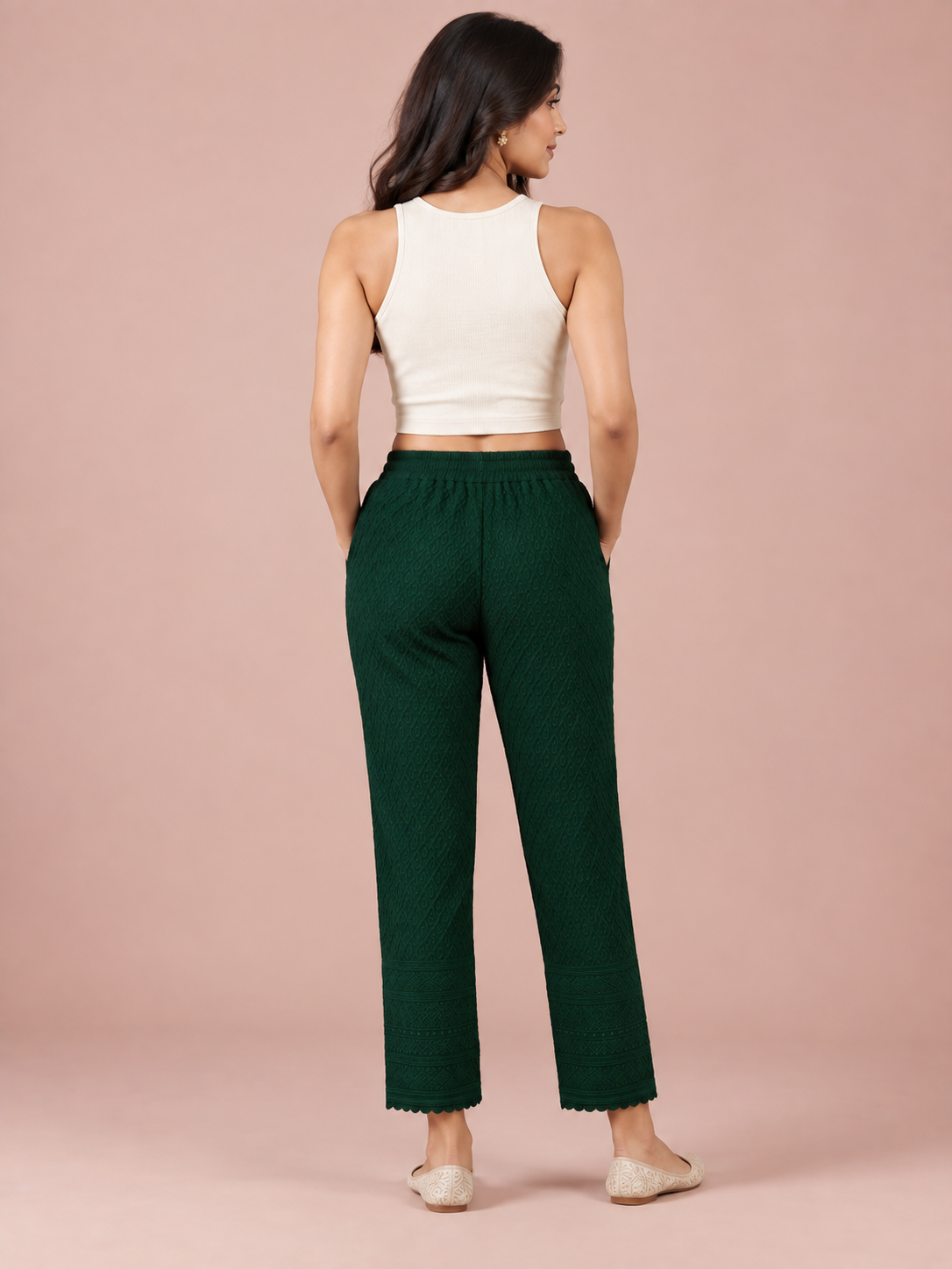 Bottle Green Rayon Chikan Pants