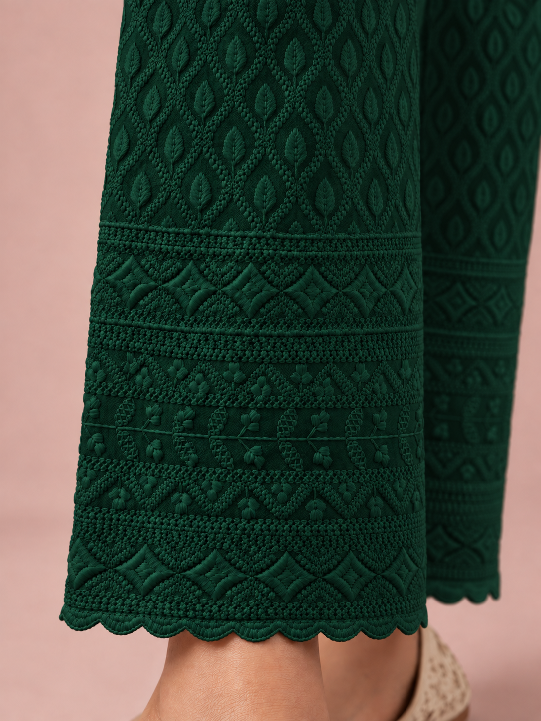 Bottle Green Rayon Chikan Pants