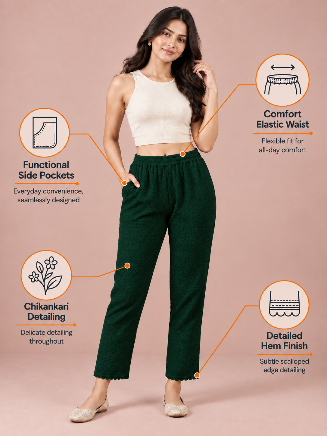 Bottle Green Rayon Chikan Pants