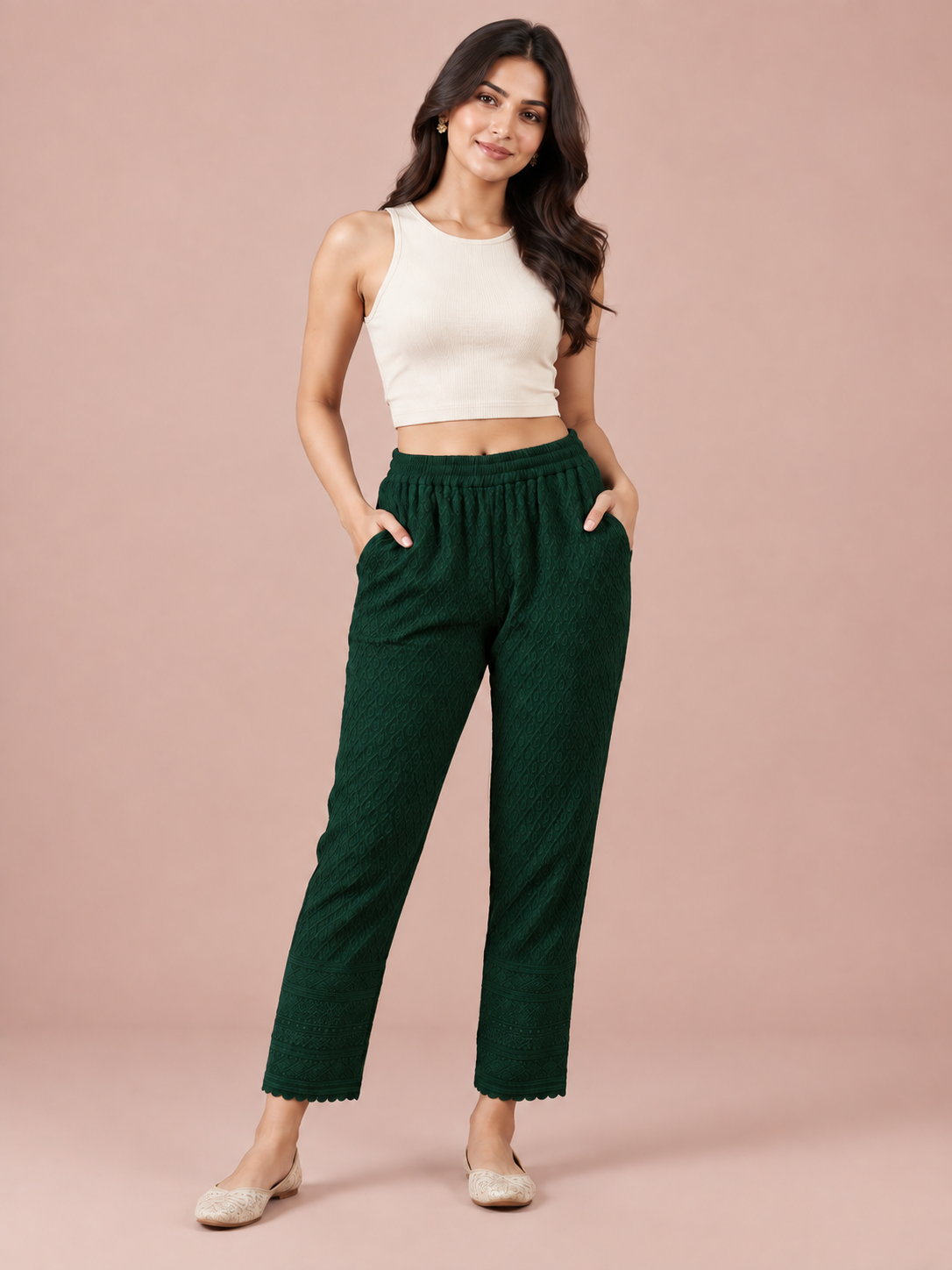 Bottle Green Rayon Chikan Pants