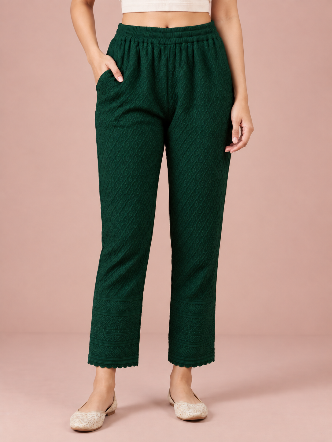 Bottle Green Rayon Chikan Pants
