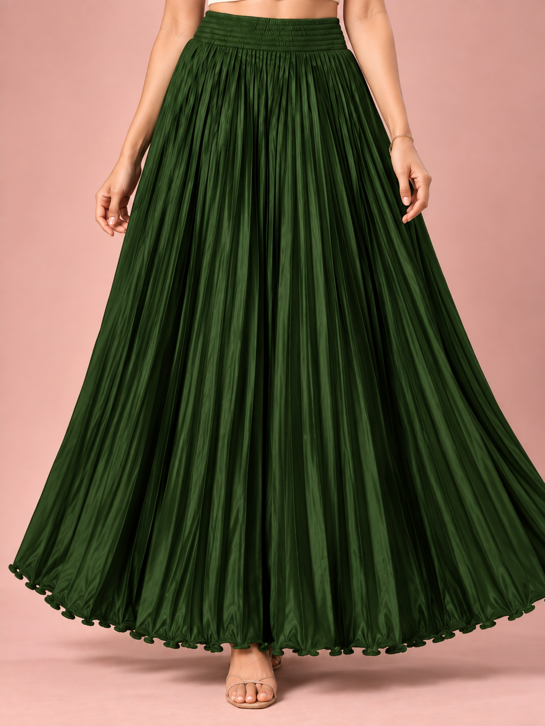 Bottle Green Satin Silk Small Pleated Skirt