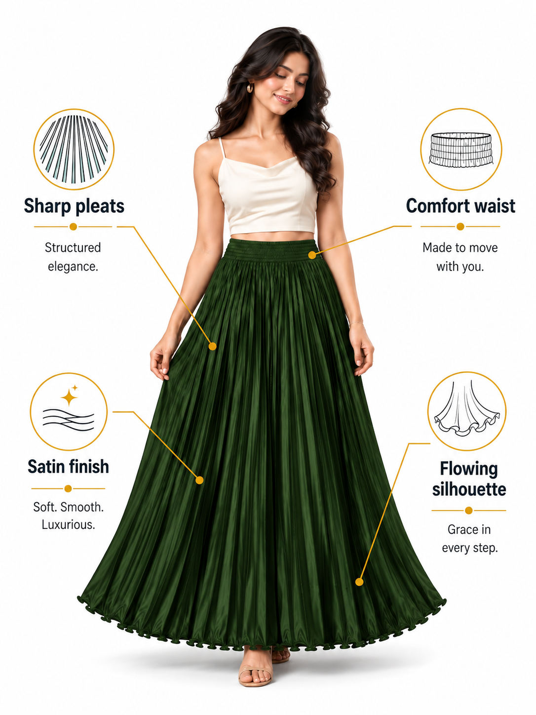 Bottle Green Satin Silk Small Pleated Skirt