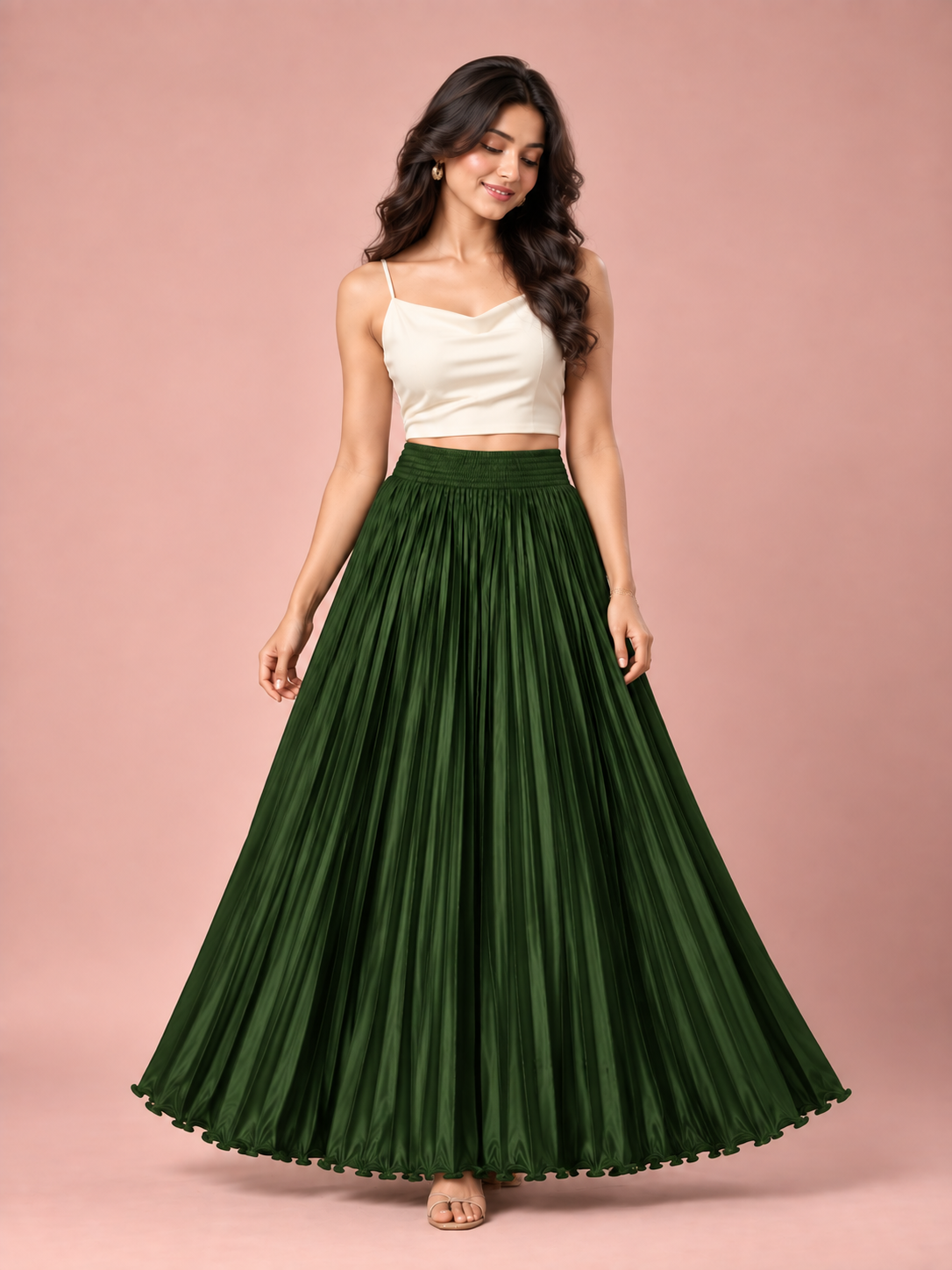 Bottle Green Satin Silk Small Pleated Skirt