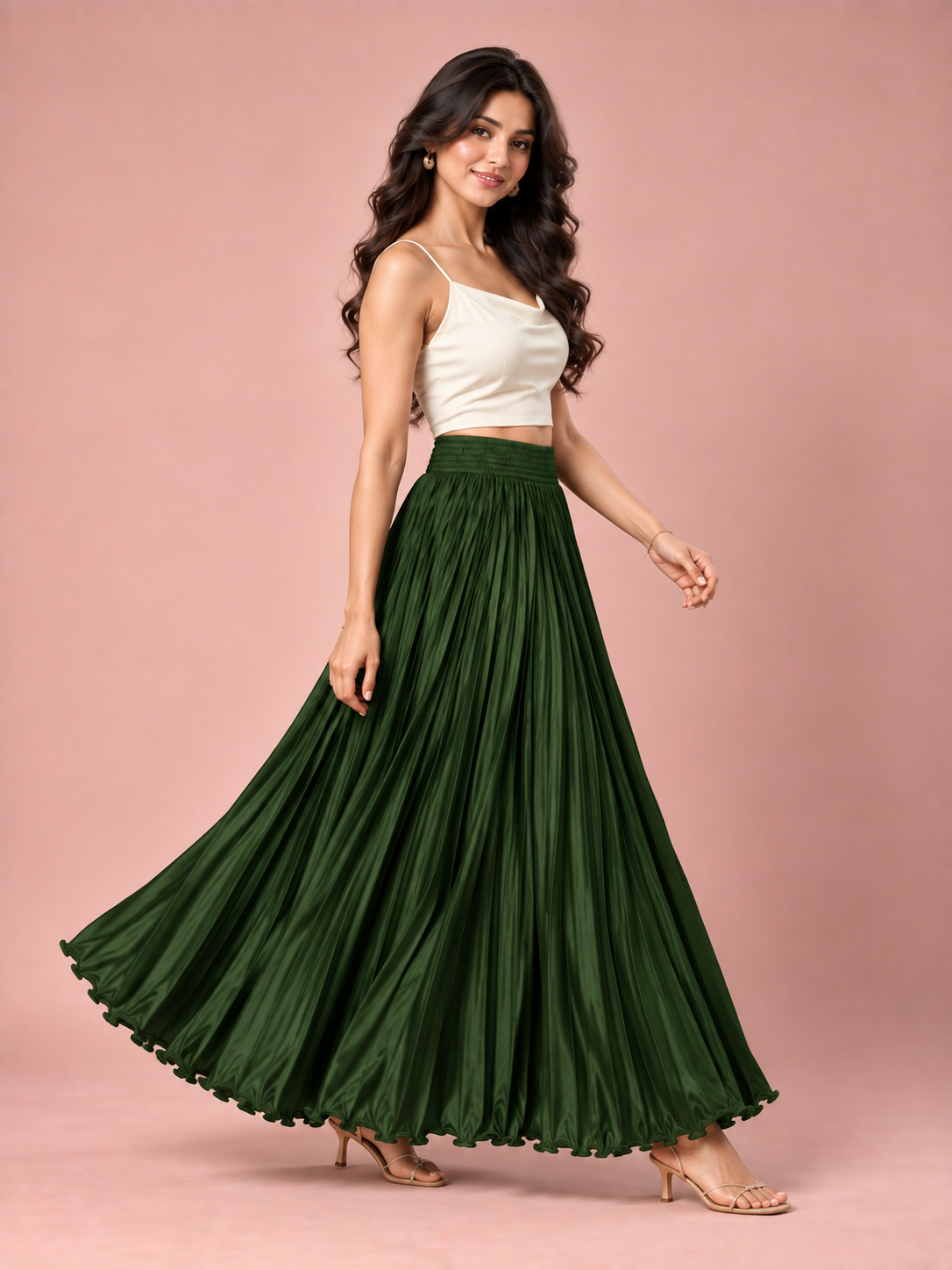Bottle Green Satin Silk Small Pleated Skirt