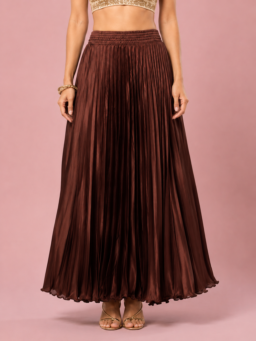 Brown Satin Silk Small Pleated Skirt