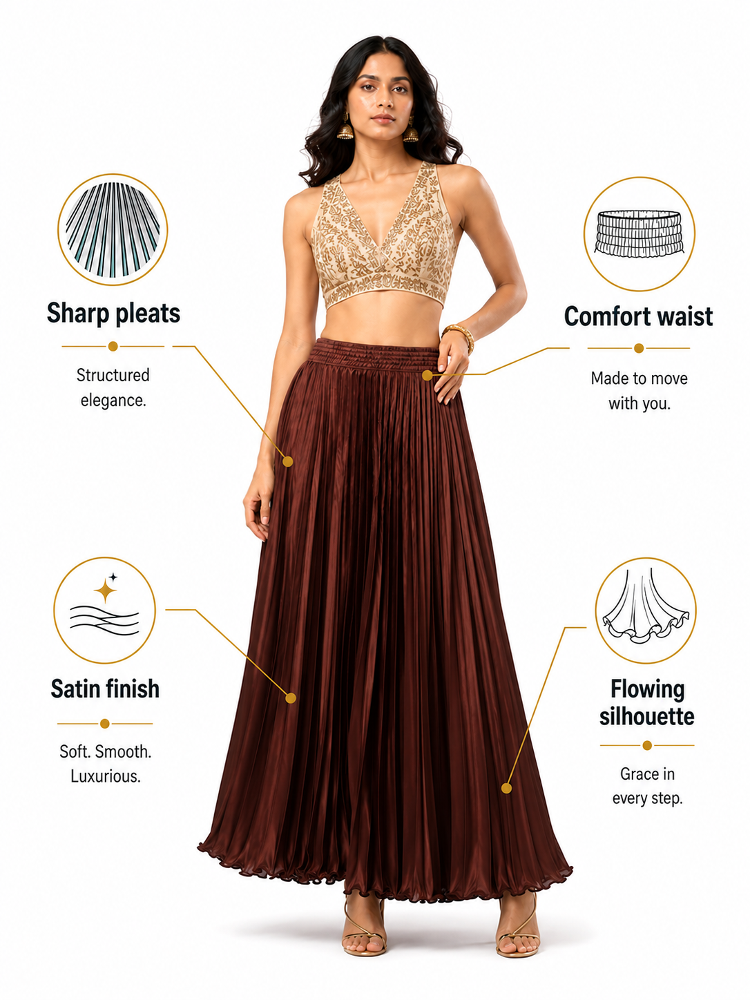 Brown Satin Silk Small Pleated Skirt