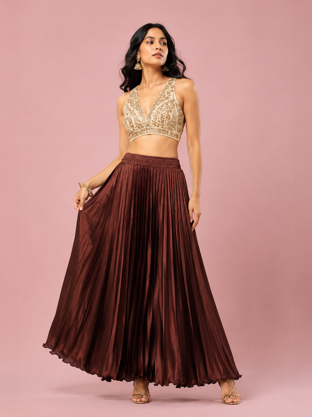 Brown Satin Silk Small Pleated Skirt