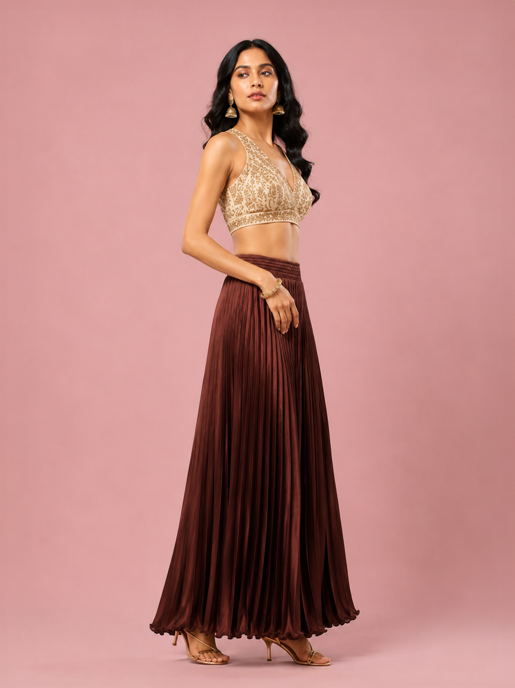 Brown Satin Silk Small Pleated Skirt