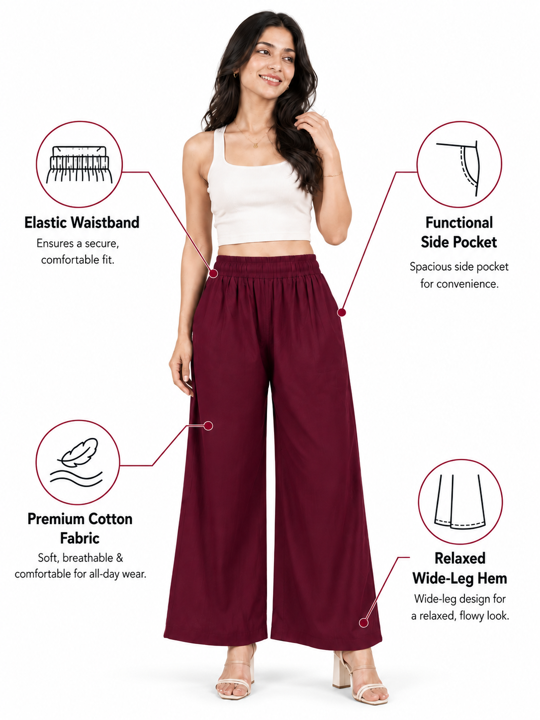 Burgundy Pocket Premium Rayon Palazzo