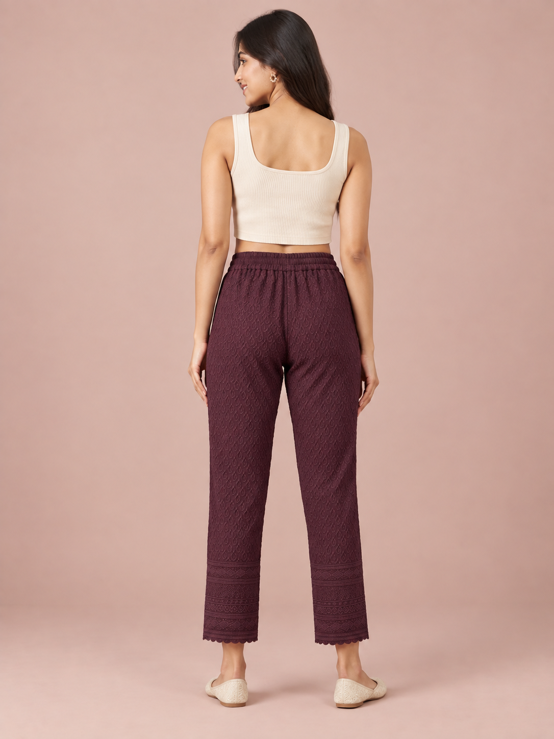 Burgundy Rayon Chikan Pants