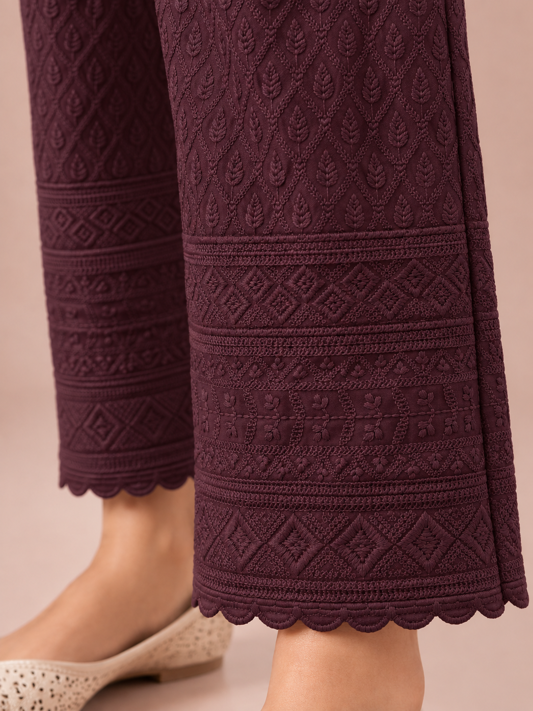 Burgundy Rayon Chikan Pants