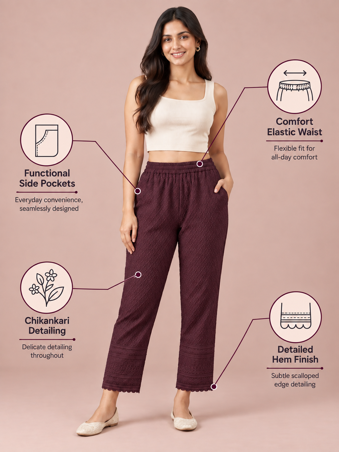 Burgundy Rayon Chikan Pants