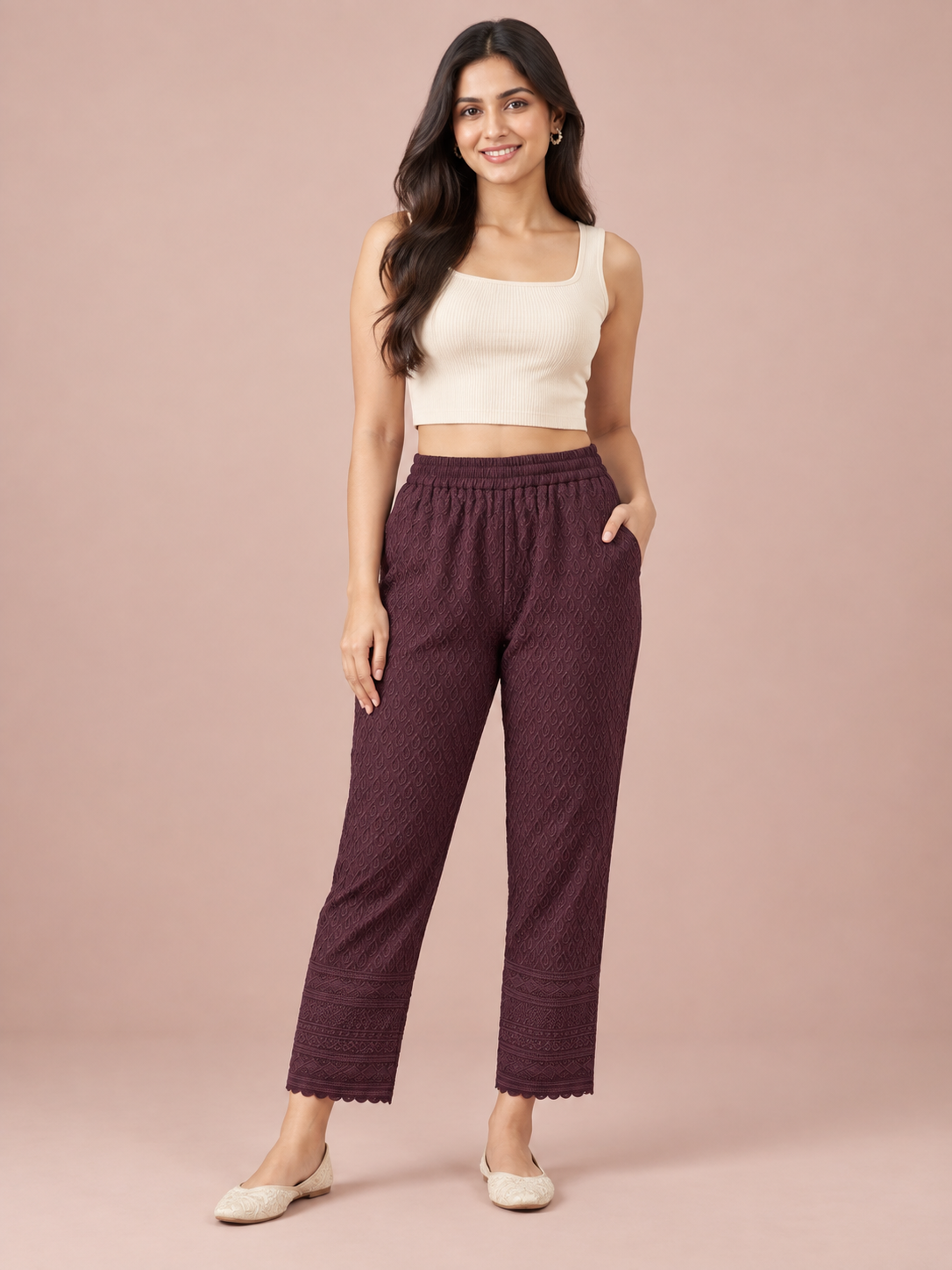Burgundy Rayon Chikan Pants