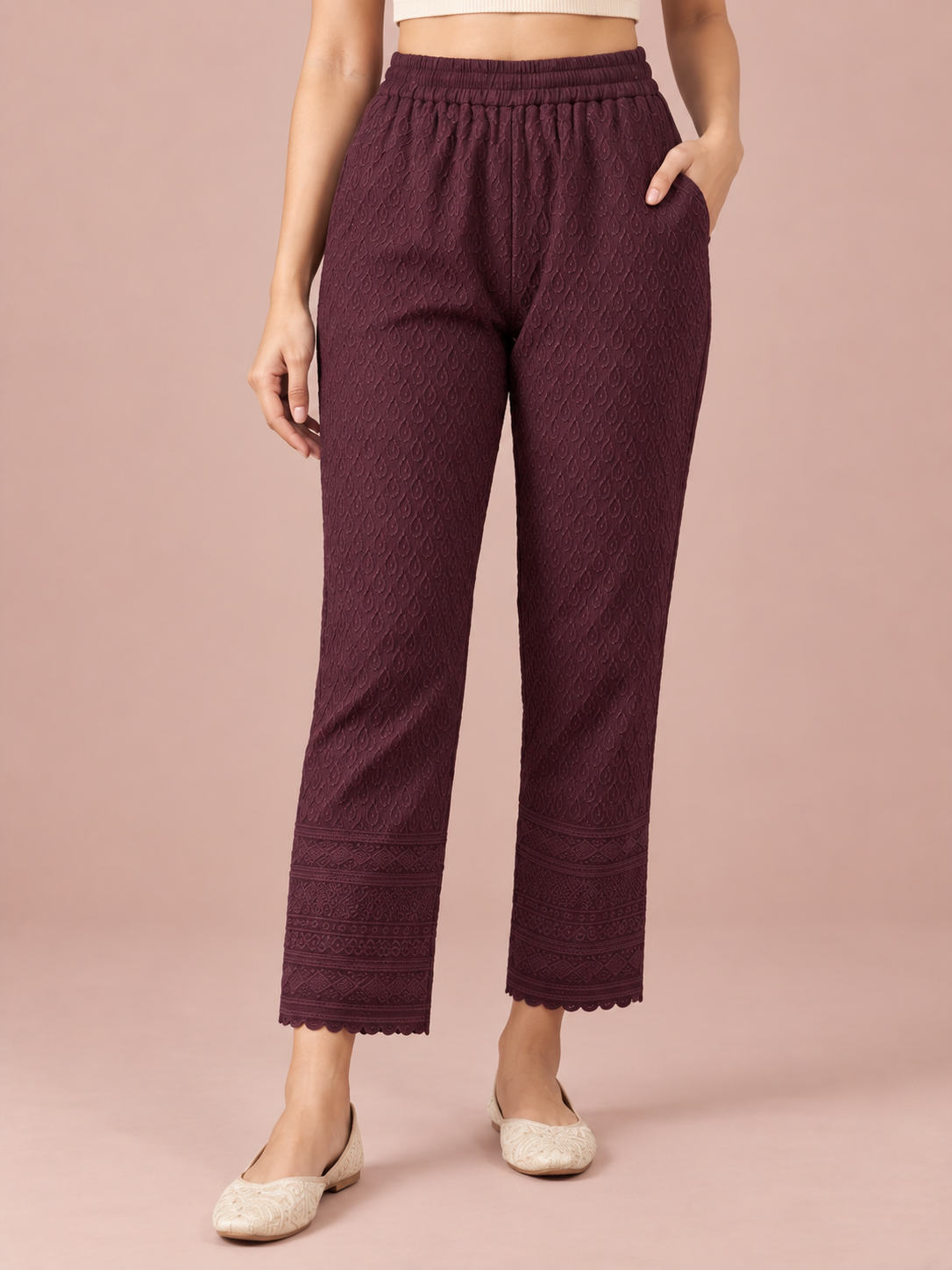 Burgundy Rayon Chikan Pants