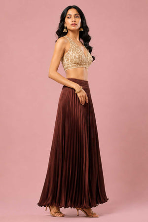 Brown Satin Silk Small Pleated - 344 Skirt