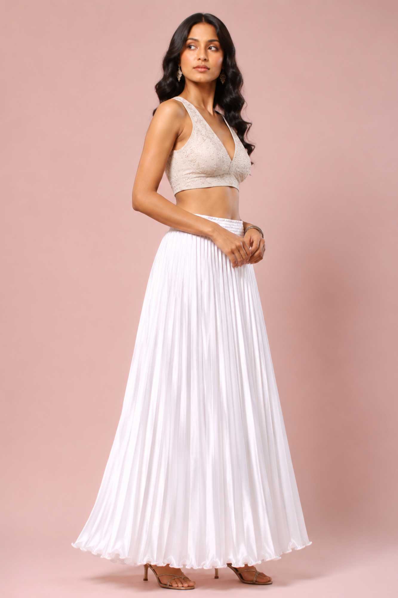 White Satin Silk Small Pleated - 344 Skirt