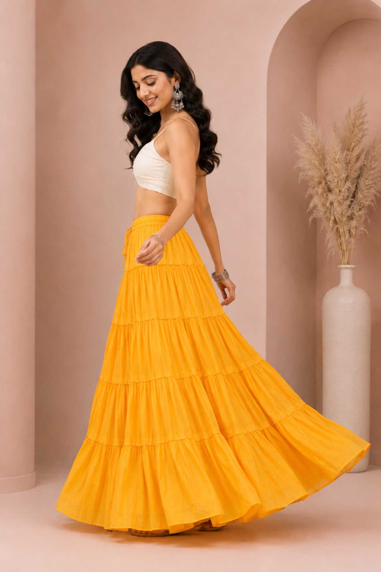 Yellow Cotton Gold Beads Skirt