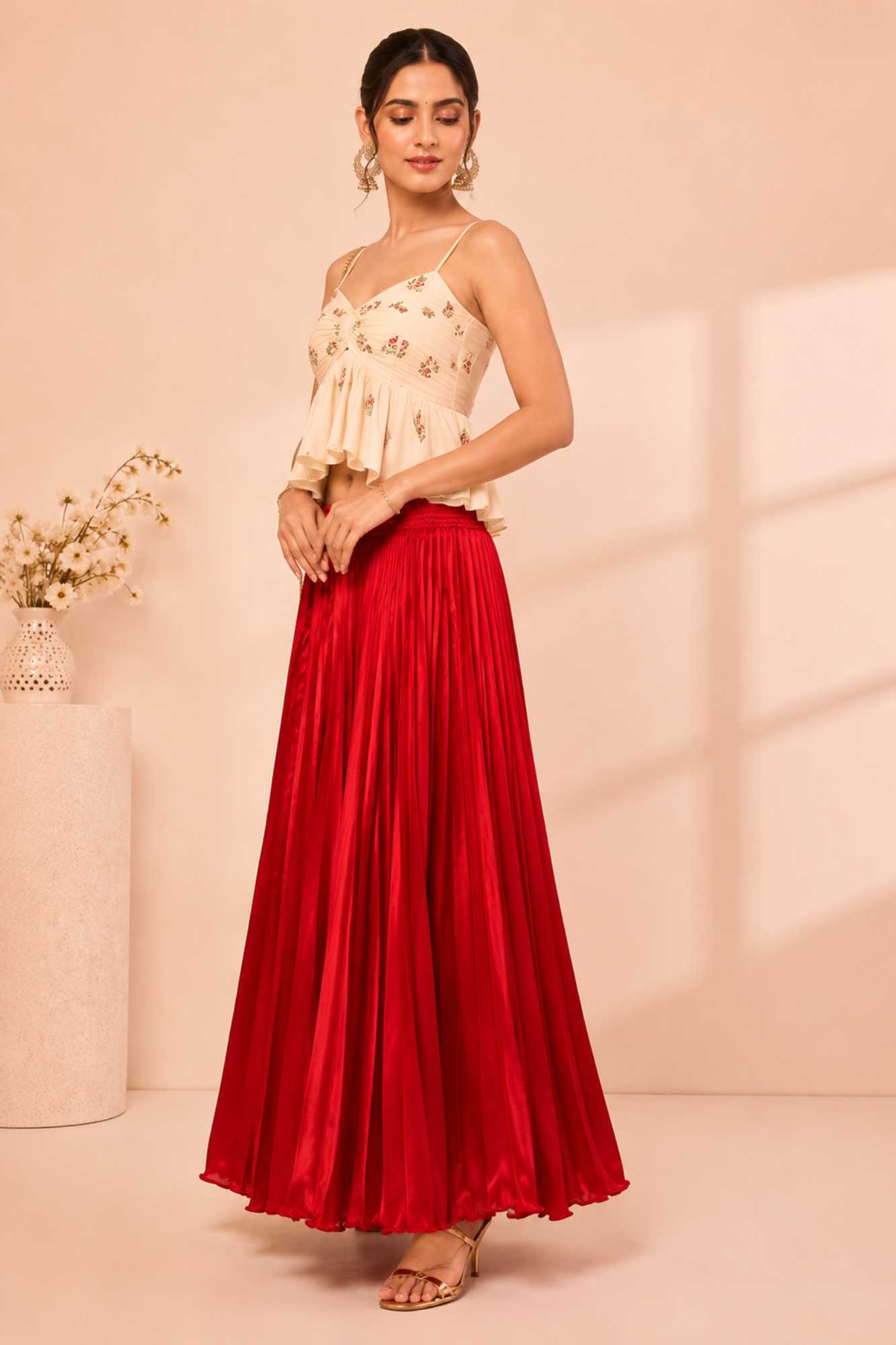 Red Satin Silk Small Pleated - 344 Skirt