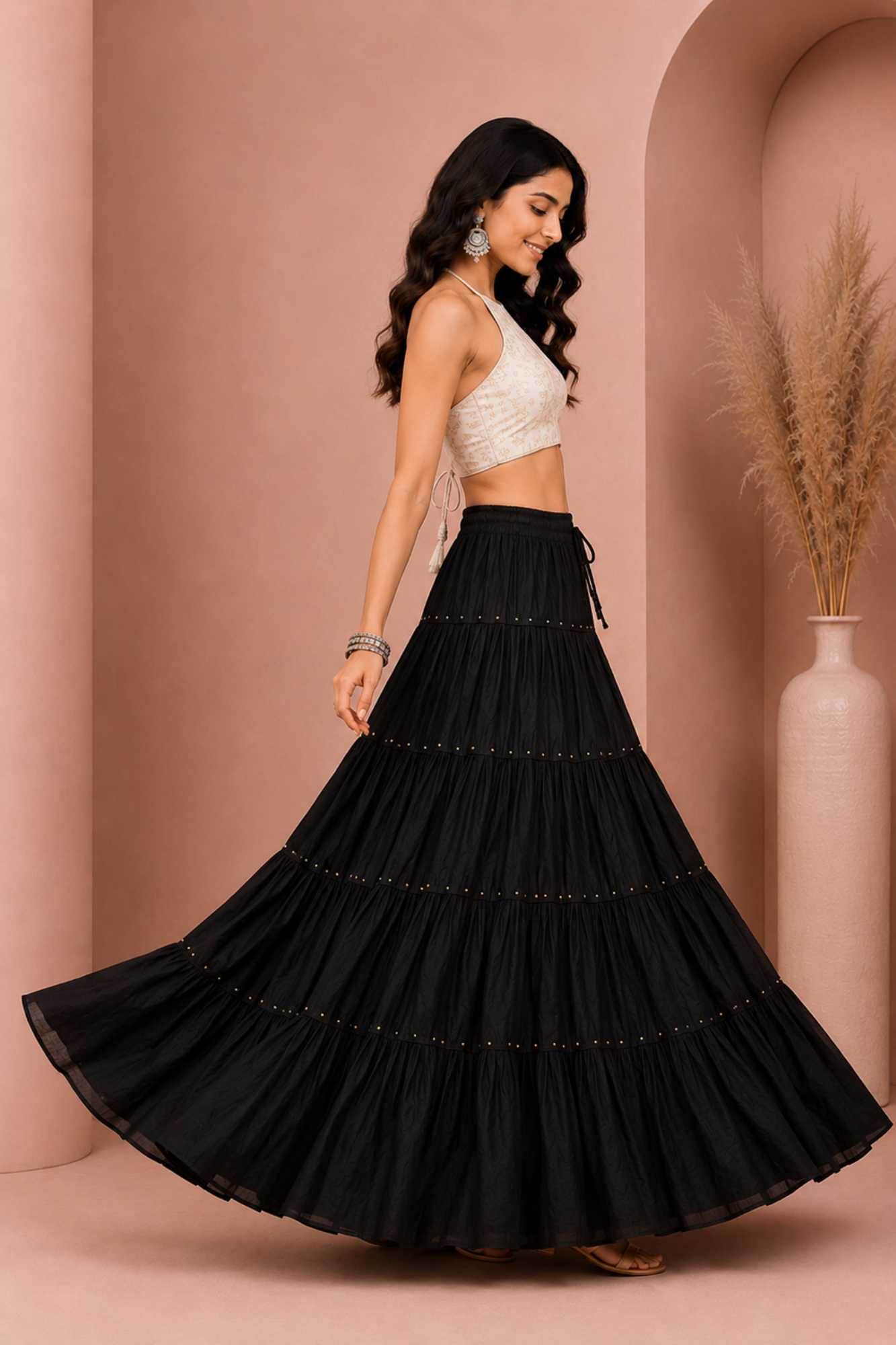 Black Cotton Gold Beads Skirt