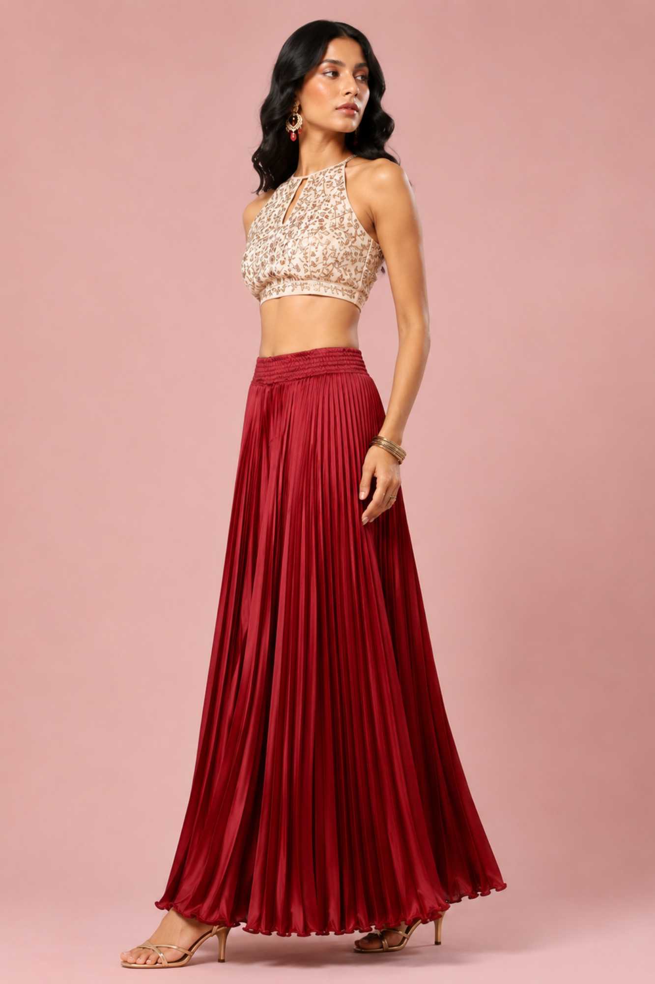 Maroon Satin Silk Small Pleated - 344 Skirt