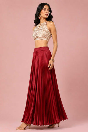 Maroon Satin Silk Small Pleated - 344 Skirt