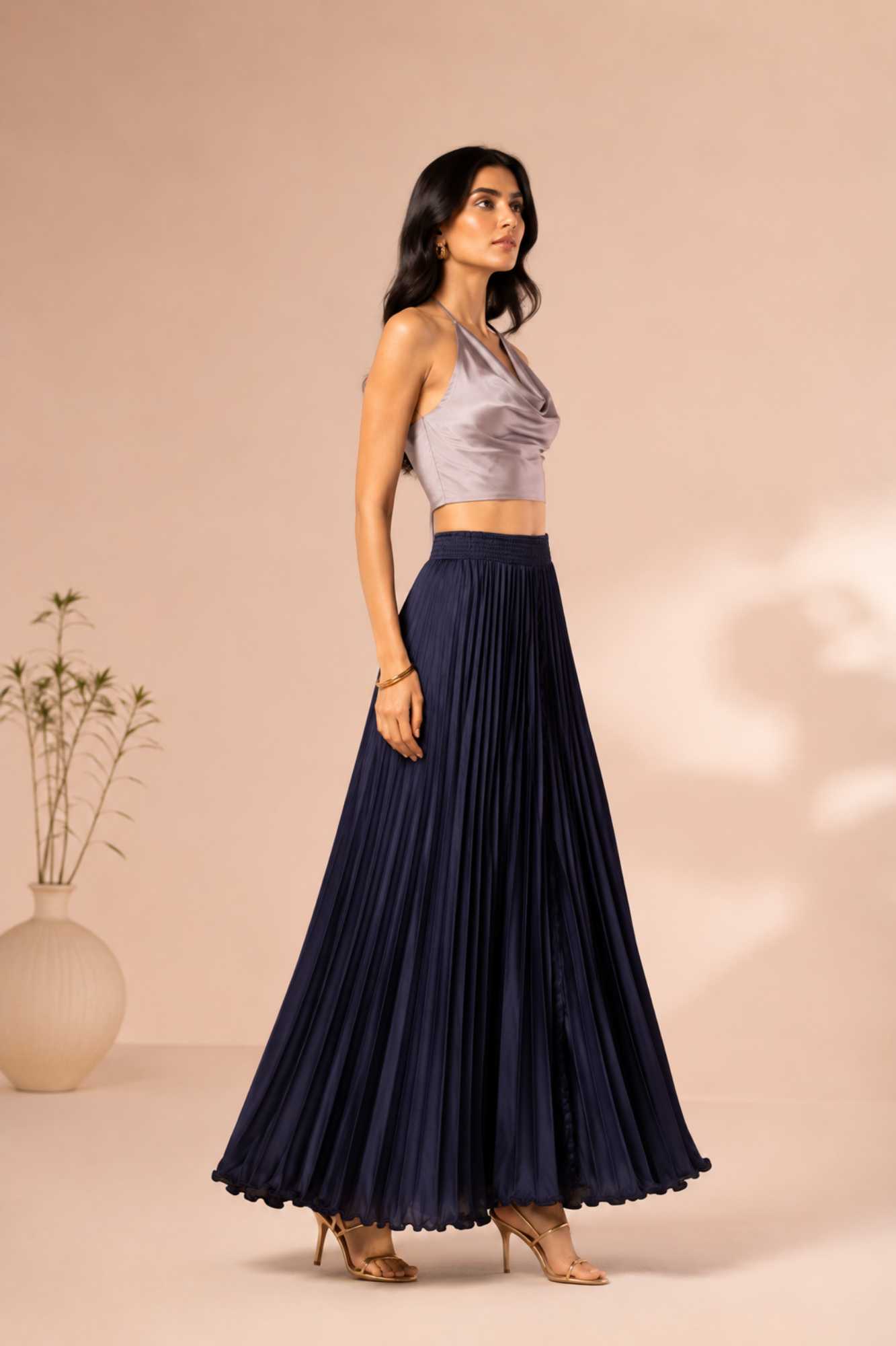 Navy Satin Silk Small Pleated - 344 Skirt